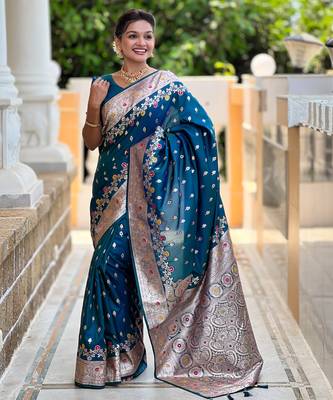 Teal blue soft silk blend saree with zari weaving meenakari design 2