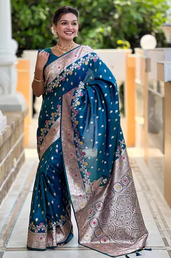 Teal blue soft silk blend saree with zari weaving meenakari design