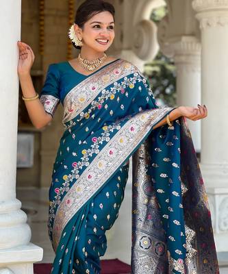 Teal blue soft silk blend saree with zari weaving meenakari design 3