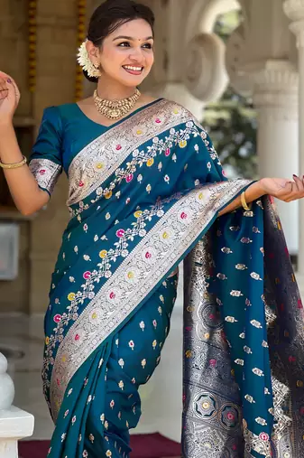 Teal blue soft silk blend saree with zari weaving meenakari design
