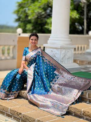 Teal blue soft silk blend saree with zari weaving meenakari design 4