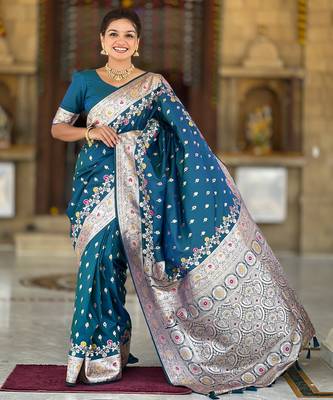 Teal blue soft silk blend saree with zari weaving meenakari design 5