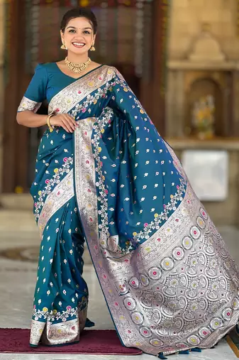 Teal blue soft silk blend saree with zari weaving meenakari design