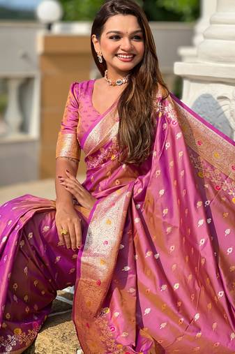Onion pink soft silk blend saree with zari weaving meenakari design
