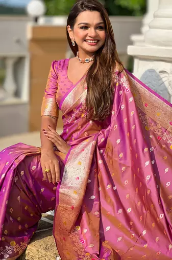 Onion pink soft silk blend saree with zari weaving meenakari design