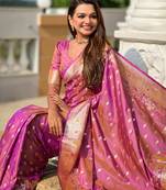 Onion pink soft silk blend saree with zari weaving meenakari design