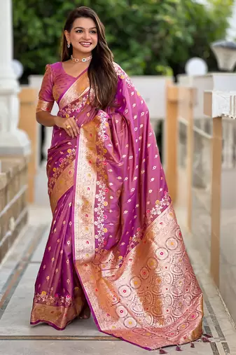 Onion pink soft silk blend saree with zari weaving meenakari design
