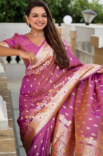 Onion pink soft silk blend saree with zari weaving meenakari design