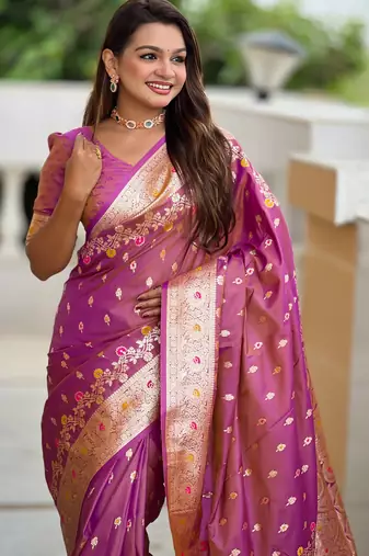 Onion pink soft silk blend saree with zari weaving meenakari design