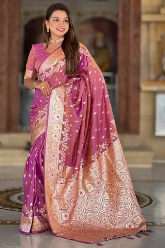 Onion pink soft silk blend saree with zari weaving meenakari design