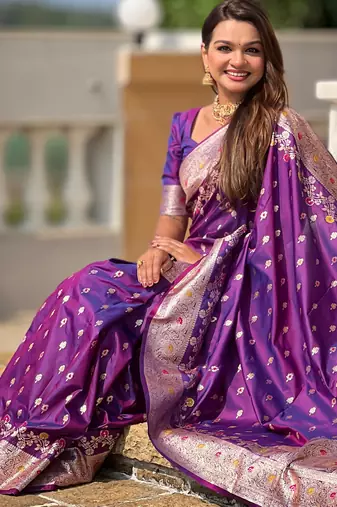 Purple soft silk blend saree with zari weaving meenakari design