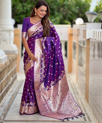 Purple soft silk blend saree with zari weaving meenakari design 2