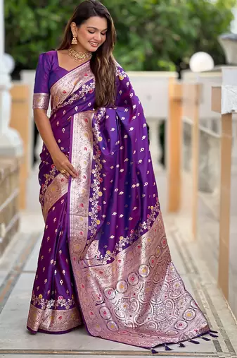 Purple soft silk blend saree with zari weaving meenakari design