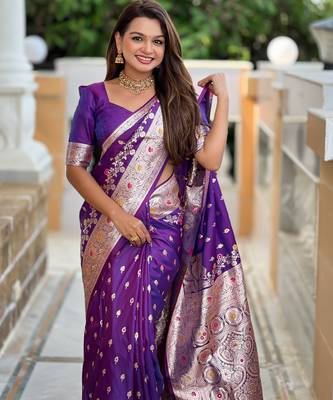 Purple soft silk blend saree with zari weaving meenakari design 3