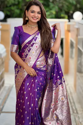 Purple soft silk blend saree with zari weaving meenakari design