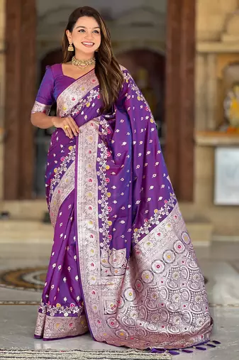 Purple soft silk blend saree with zari weaving meenakari design