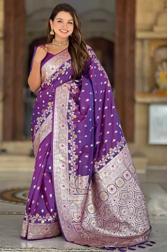 Purple soft silk blend saree with zari weaving meenakari design