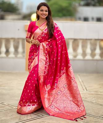 Rani pink soft silk blend saree with zari weaving meenakari design 1