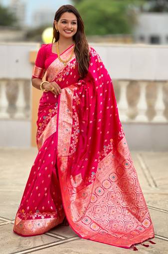 Rani pink soft silk blend saree with zari weaving meenakari design