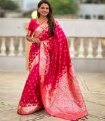 Rani pink soft silk blend saree with zari weaving meenakari design