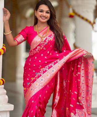 Rani pink soft silk blend saree with zari weaving meenakari design 2