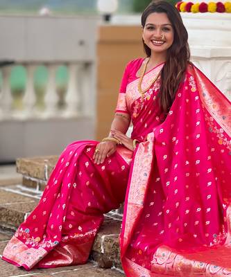 Rani pink soft silk blend saree with zari weaving meenakari design 4