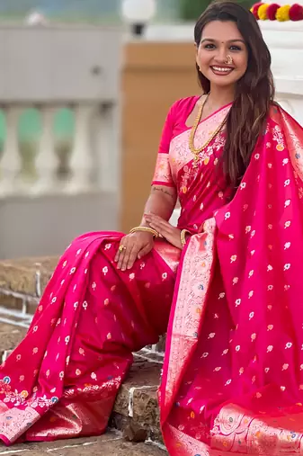 Rani pink soft silk blend saree with zari weaving meenakari design