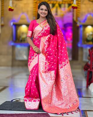 Rani pink soft silk blend saree with zari weaving meenakari design 5