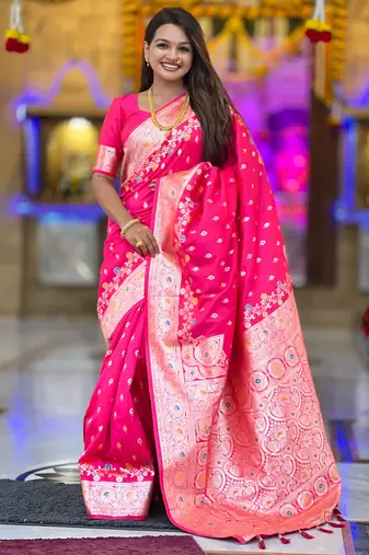 Rani pink soft silk blend saree with zari weaving meenakari design