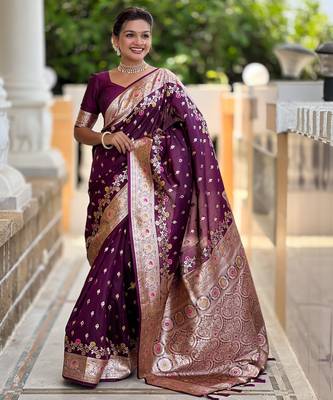 Wine soft silk blend saree with zari weaving meenakari design 1