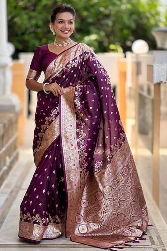 Wine soft silk blend saree with zari weaving meenakari design