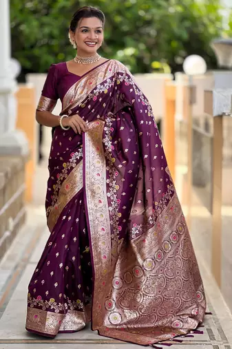 Wine soft silk blend saree with zari weaving meenakari design