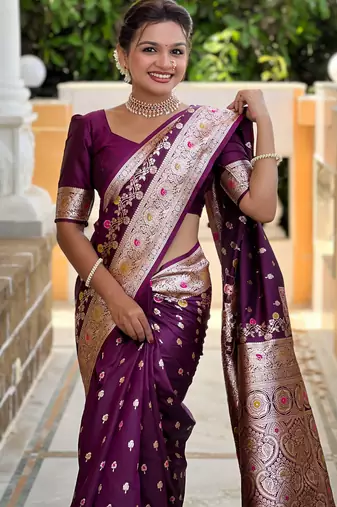 Wine soft silk blend saree with zari weaving meenakari design