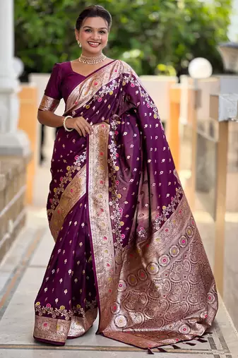 Wine soft silk blend saree with zari weaving meenakari design