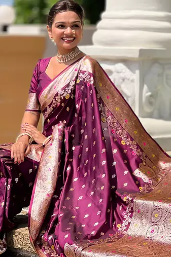 Wine soft silk blend saree with zari weaving meenakari design