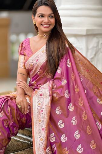 Onion pink soft silk blend saree with zari weaving meenakari design