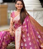 Onion pink soft silk blend saree with zari weaving meenakari design