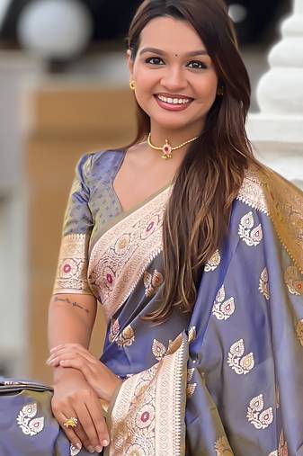 Grey soft silk blend saree with zari weaving meenakari design