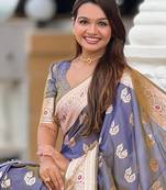 Grey soft silk blend saree with zari weaving meenakari design