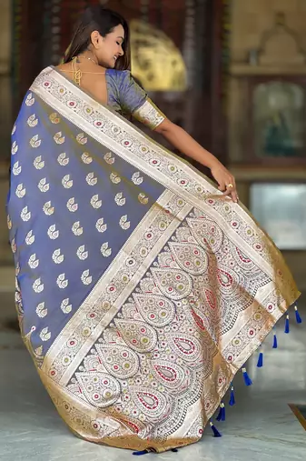 Grey soft silk blend saree with zari weaving meenakari design