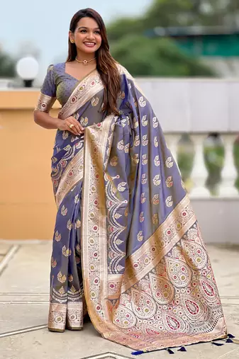 Grey soft silk blend saree with zari weaving meenakari design