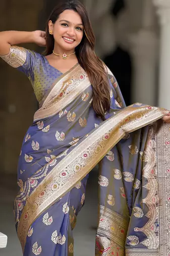 Grey soft silk blend saree with zari weaving meenakari design