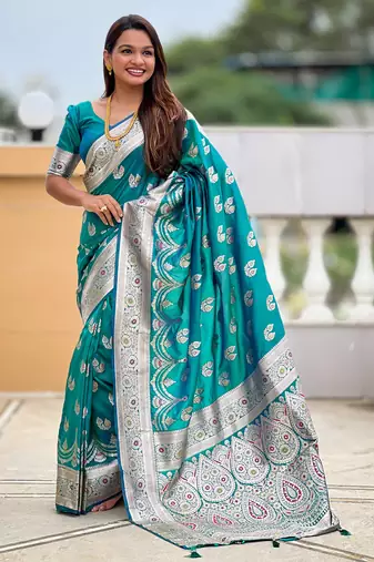 Sea green soft silk blend saree with zari weaving meenakari design