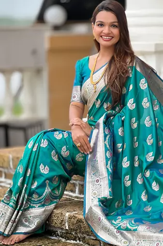 Sea green soft silk blend saree with zari weaving meenakari design