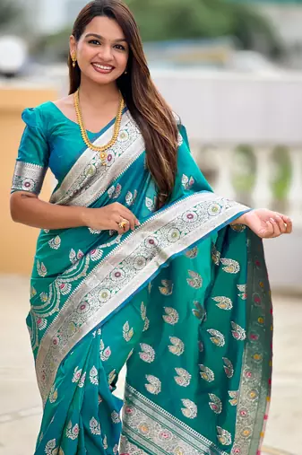 Sea green soft silk blend saree with zari weaving meenakari design