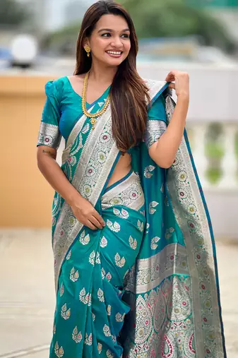 Sea green soft silk blend saree with zari weaving meenakari design