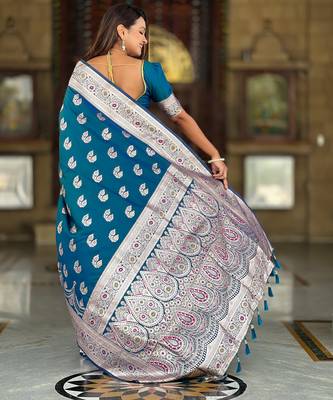 Teal blue soft silk blend saree with zari weaving meenakari design 2