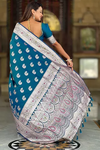 Teal blue soft silk blend saree with zari weaving meenakari design