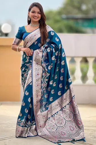 Teal blue soft silk blend saree with zari weaving meenakari design