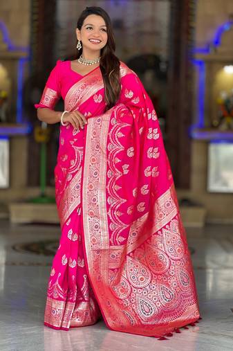 Pink soft silk blend saree with zari weaving meenakari design